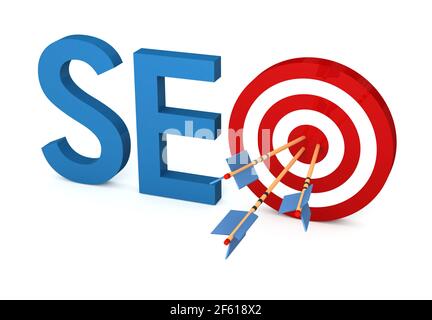 Word SEO with target and three arrows, isolated on white background. 3D illustration. Stock Photo