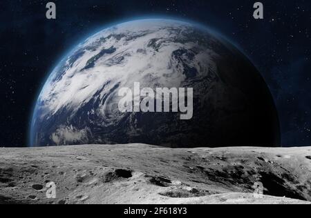 The Earth from moon surface. Elements of this image are furnished by NASA Stock Photo