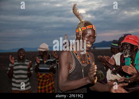 Tribal dance of Turkana people. Turkana are a Nilotic people native to the Turkana County in northwest Kenya Stock Photo