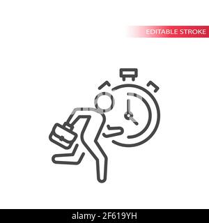 Businessman running with briefcase and stopwatch clock. Timer and man, business line vector icon, editable stroke. Stock Vector