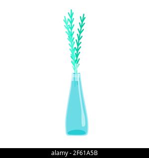 Green twigs in a tall glass vase, glass jug, delicate decorative small flowers, spring grass, vector illustration in cartoon style, flat. Stock Vector