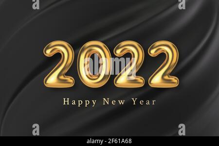 3D Realistic golden inscription balloon 2022 on a black silk background. Golden metallic text new year for banner design. Template from texture fabric Stock Vector