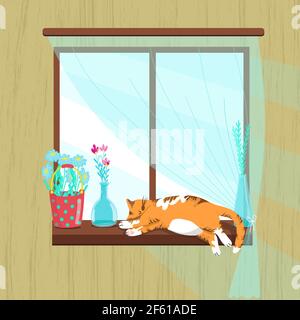 Fat red cat sleeping on the windowsill, spring illustration, flowers in glass vases, daisies in a bucket, vector illustration in cartoon style, flat. Stock Vector