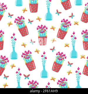 Seamless pattern with different flowers in pots, cute baby print, floral spring pattern in cartoon styl, hand draw, daisies in red bucket, vector. Stock Vector