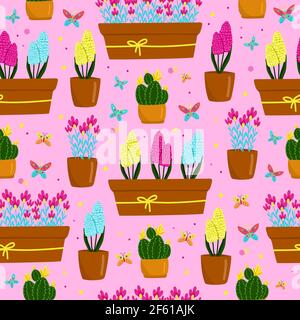Seamless pattern with yellow, blue and purple-pink hyacinths in a pot, beautiful spring flowers in a brown pot, gift for Womens Day, vector Stock Vector