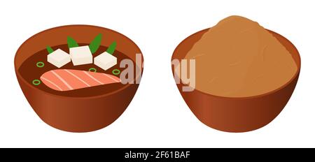 Japanese miso soup and paste in brown bowls isometric cartoon vector illustration isolated on white. Stock Vector