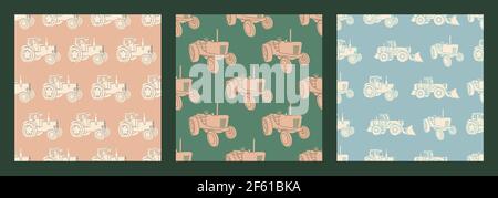 Set of vector seamless patterns agro concept with tractors and combines. Flat trending style, pastel colors. Stock Vector