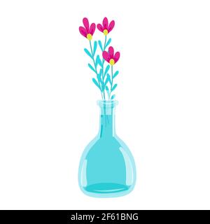 Flowers in a tall glass vase, glass jug, delicate purple small flowers, spring flowers, vector illustration in cartoon style, flat. Stock Vector