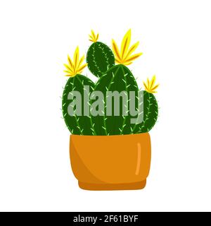 Prickly green cactus blooms with yellow flowers in a brown pot, tropical plant, home flowers in cartoon style, vector object, hand draw, isolate white Stock Vector