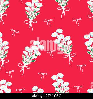 daisies on a colored background, wild daisies tied with a red ribbon, spring flowers, summer vector print in the style of a doodle. Stock Vector