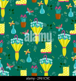 Seamless spring pattern with yellow umbrella and boot, many beautiful flowers, flowers in umbrella, vector print in cartoon style, hand draw. Stock Vector