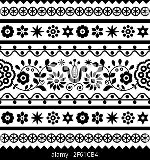 Polish folk art vector seamless embroidery retro pattern with flowers inspired by embroidery designs Lachy Sadeckie - black and white textile or fabri Stock Vector