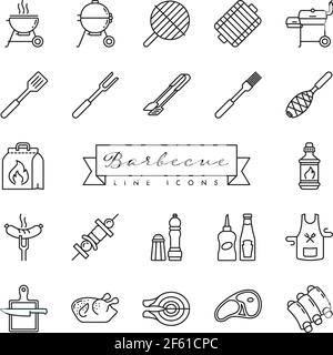 Barbecue vector line icons collection. Set of 22 BBQ equipment and food outline symbols Stock Vector