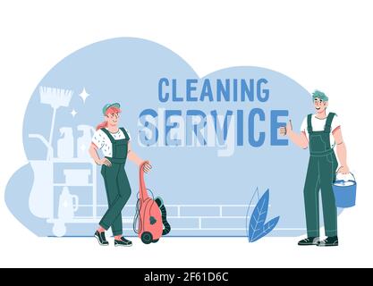 Cleaning service banner with man and woman dressed in uniform, flat cartoon vector illustration isolated on white background. Cleaning company staff. Stock Vector