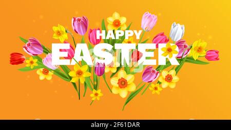 Holiday daffodils and tulips on yellow background. Spring nature floral banner with Happy Easter inscription. Stock Vector