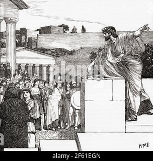 An oration of Demosthenes.  Demosthenes, 384 – 322 BC.  Greek statesman and orator of ancient Athens.  From Cassell's Universal History, published 1888. Stock Photo