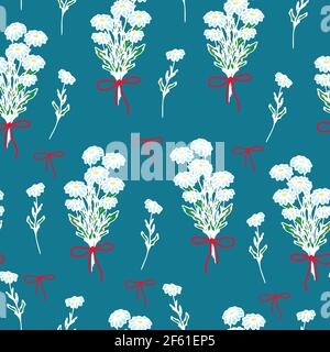 daisies on a colored background, wild daisies tied with a red ribbon, spring flowers, summer vector print in the style of a doodle. Stock Vector