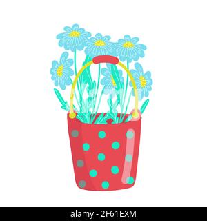 Red bright polka dot bucket filled with daisies, bouquet of daisies, spring flowers, vector illustration in cartoon style, flat. Stock Vector