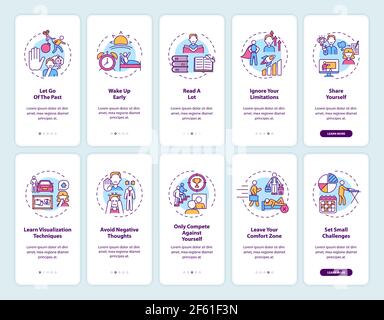 Self-development tips onboarding mobile app page screen with concepts set Stock Vector