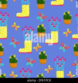 Yellow polka dot boots filled with flowers, butterfly, cactus in a pot blooms with yellow flowers, seamless floral pattern, vector illustration in Stock Vector