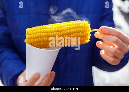 Concept of tasty food with boiled young potatoes, isolated on white ...