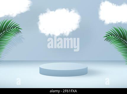 3D blue tropical background with podium. Stock Vector