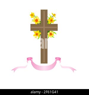 Festive floral composition with cross, ribbons and daffodils. Easter elements for decorate card, banner, ticket, leaflet, poster, invitation, congratu Stock Vector