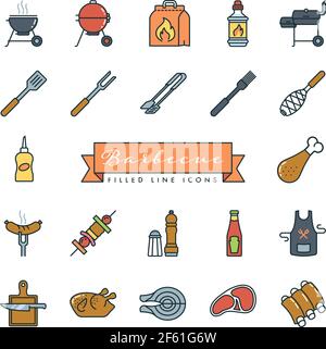 Barbecue vector filled line icons collection. Set of 20 BBQ equipment and food flat color symbols Stock Vector