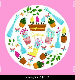Greeting card for spring holidays, spring flowers, vector elements arranged in a circle, bright set of spring garden and indoor flowers. Cartoon style Stock Vector