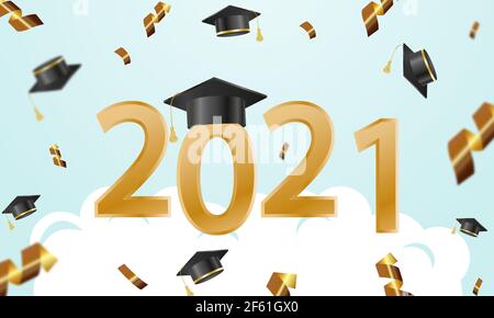University graduation cap with gold number 2021. Congratulatory posters, greeting cards for the festive ceremony. Stock Vector