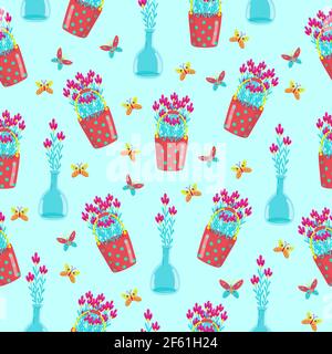 Seamless pattern with different flowers in pots, cute baby print, floral spring pattern in cartoon styl, hand draw, daisies in red bucket, vector. Stock Vector