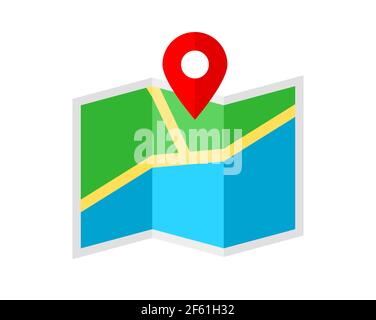 Flat map color icon with map marker. Location symbol. Paper map with a red pin. Navigation concept. City map with road, river and park. Vector Stock Vector