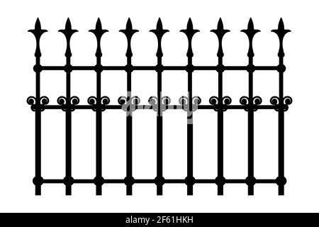 Decorative cast iron wrought fence silhouette isolated on white background. Metal guardrail. Steel railing. Forged lattice fence. Vector illustration Stock Vector