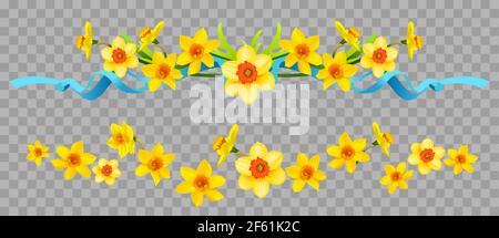 Floral borders set with daffodils on transparent background. Design elements for decorate card, banner, ticket, leaflet, poster, invitation, congratul Stock Vector