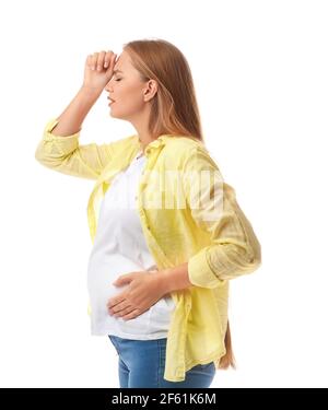 Stressed pregnant woman on white background Stock Photo