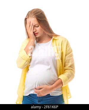 Stressed pregnant woman on white background Stock Photo