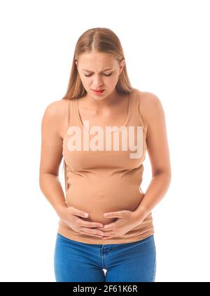 Stressed pregnant woman on white background Stock Photo