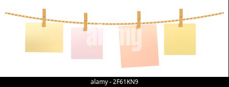 Paper notes hanging on a rope with clothespins. Realistic vector illustration isolated on white background. Stock Vector