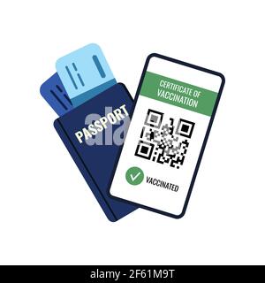 Certificate of vaccination and passport with tickets travel concept isolated on white. Stock Vector
