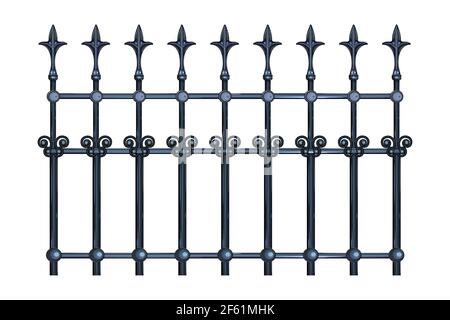 Decorative cast iron wrought fence with artistic forging isolated on white. Metal guardrail. Vintage steel modular railing.Forged lattice fence.Vector Stock Vector