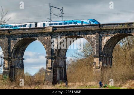 A TPE train crossing the Sankey viaduct at Earlestown over the Sankey Valley. Stock Photo