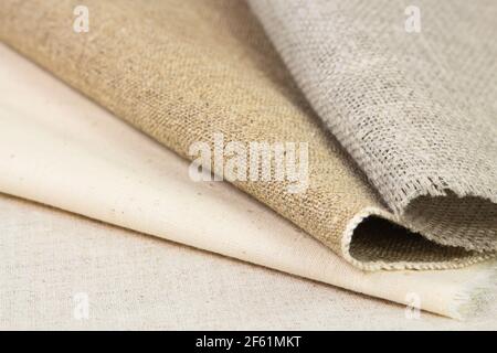 Samples of the various natural rough clothes of cotton and flax Stock Photo