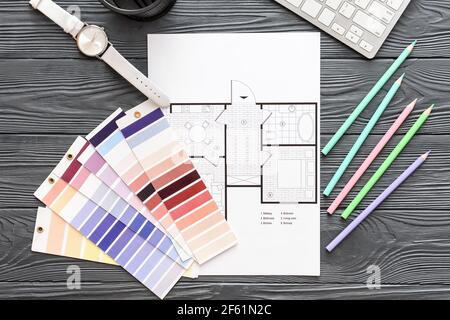 Plan Design Color House plan and color palettes on light background Stock Photo - Alamy