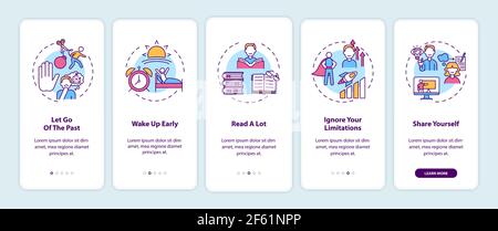 Self-development tips onboarding mobile app page screen with concepts set Stock Vector