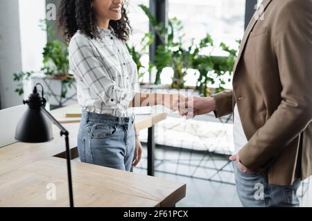 Cropped view of smiling african american businesswoman handshaking with colleague Stock Photo