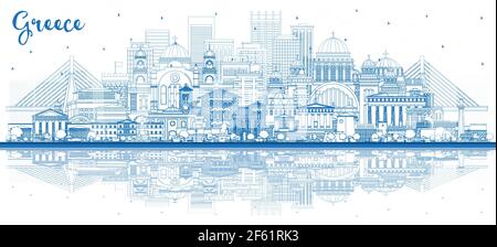 Outline Welcome to Greece City Skyline with Blue Buildings and Reflections. Vector Illustration. Historic Architecture. Greece Cityscape with Landmark. Stock Vector