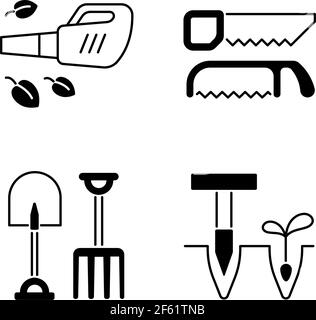 Garden instruments black linear icons set Stock Vector