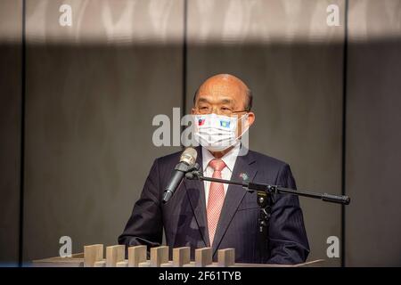 Taipei, Taiwan. 29th Mar, 2021. Premier Su Tseng-chang speaks during a State Banquet held by the Executive Yuan in Taipei.Palau President is in Taiwan for a five-day visit from 28 March to 01 April to launch a 'travel bubble', allowing travel between Taiwan and Palau with fewer COVID-19 restrictions. (Photo by Lin Yen Ting/SOPA Images/Sipa USA) Credit: Sipa USA/Alamy Live News Stock Photo