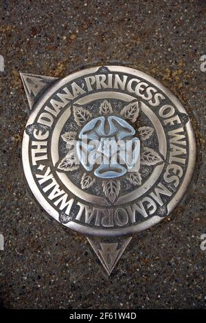 21 April 2011. London, England. The plaque in the pavement showing where The Diana Princess of Wales memorial walk runs beside the Mall near  Buckingh Stock Photo