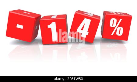 14% discount red cubes on a white background. 3d rendered image Stock Photo
